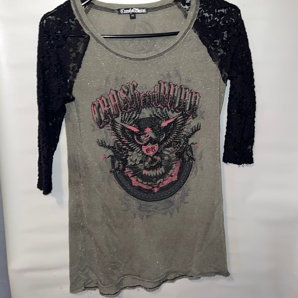 Crash & Burn Black Lace 3/4 Sleeve Rhinestones Eagle Olive Green Top Shirt sz M